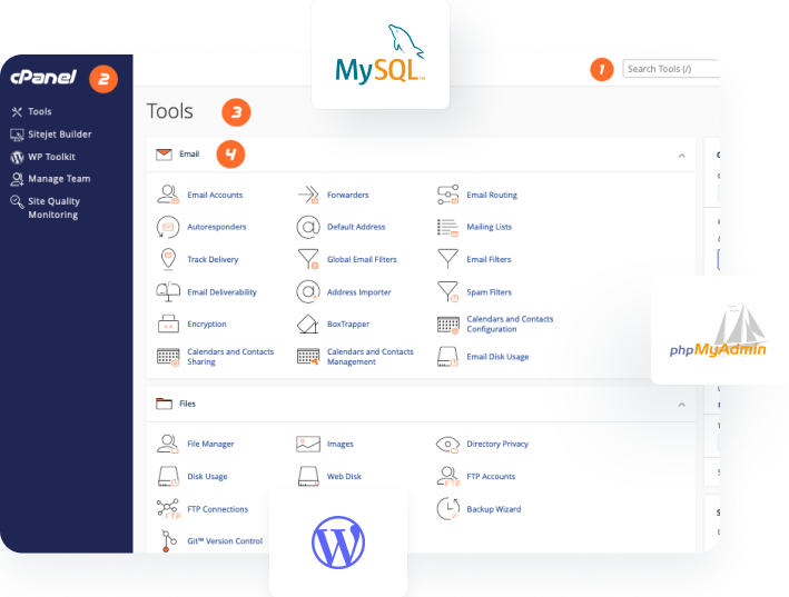 cPanel control panel with tools and email management